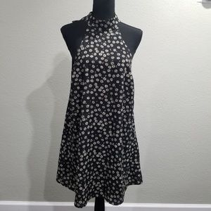 Lulus Black White Floral Daisies Open Back Halter Cutout Swing Mini Dres…